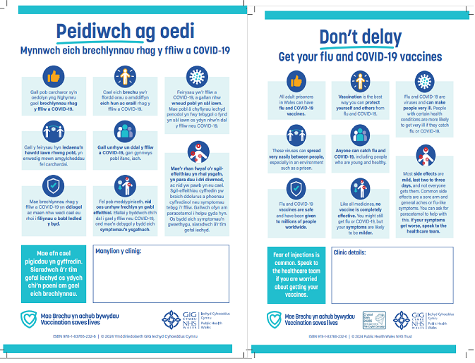 *Ar gyfer brechwyr carchar yn unig * Ffeithiau allweddol am y Ffliw a COVID-19 i drigolion carchardai | *For prison vaccinators only* Prison resident Flu and COVID-19 key facts