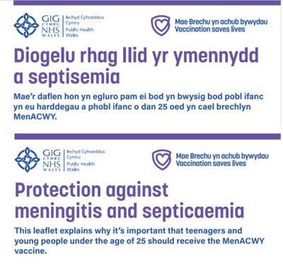Print bras - Gwarchod rhag llid yr ymennydd a septisemia i bobl ifanc yn eu harddegau a phobl ifanc dan 25 oed | Large Print – Protection against meningitis and septicaemia for teens and young people