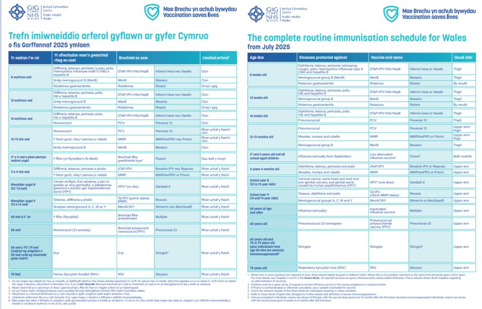 Trefn imiwneiddio arferol gyflawn ar gyfer Cymruo o fis Gorffennaf 2025 ymlaen | The complete routine immunisation schedule for Wales from July 2025