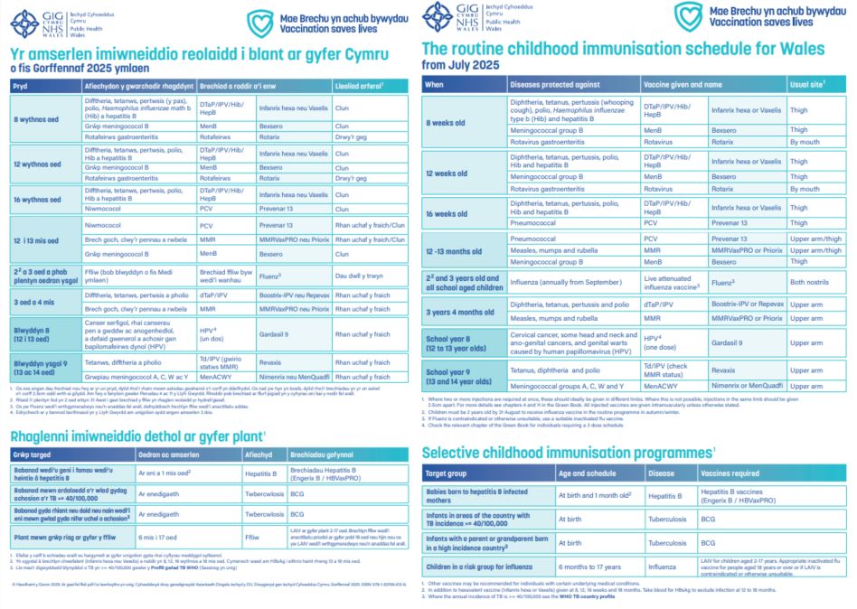 Yr amserlen imiwneiddio reolaidd i blant ar gyfer Cymru o fis Gorffennaf 2025 ymlaen | The routine childhood immunisation schedule for Wales from July 2025