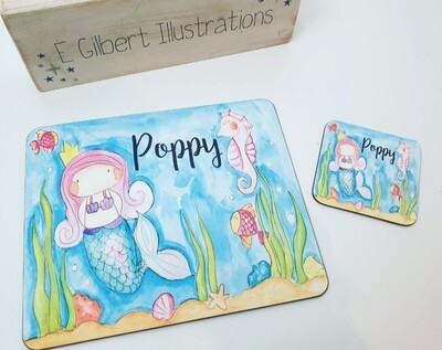 Mermaid placemat and coaster set