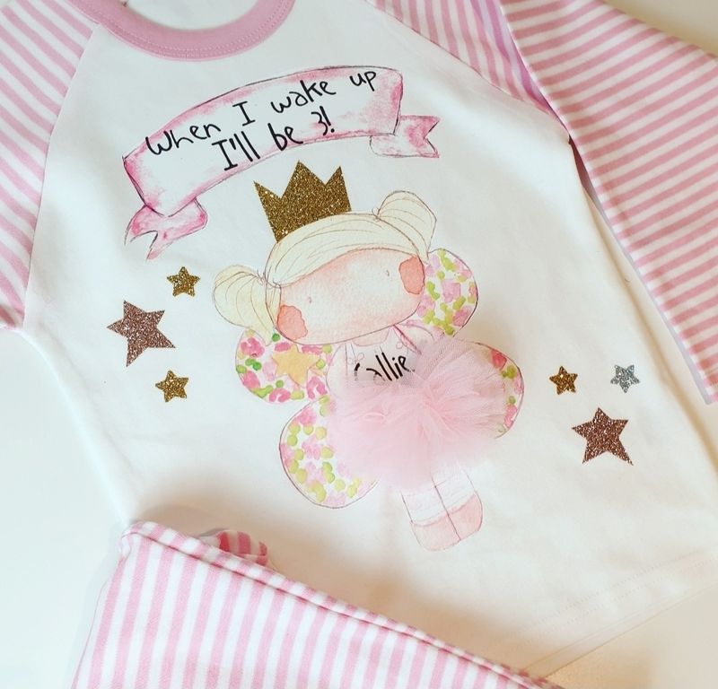 Personalised fairy birthday pyjamas Personalised girls fairy birthday pyjamas with pink fairy and sparkly stars, for magical birthday celebrations.
