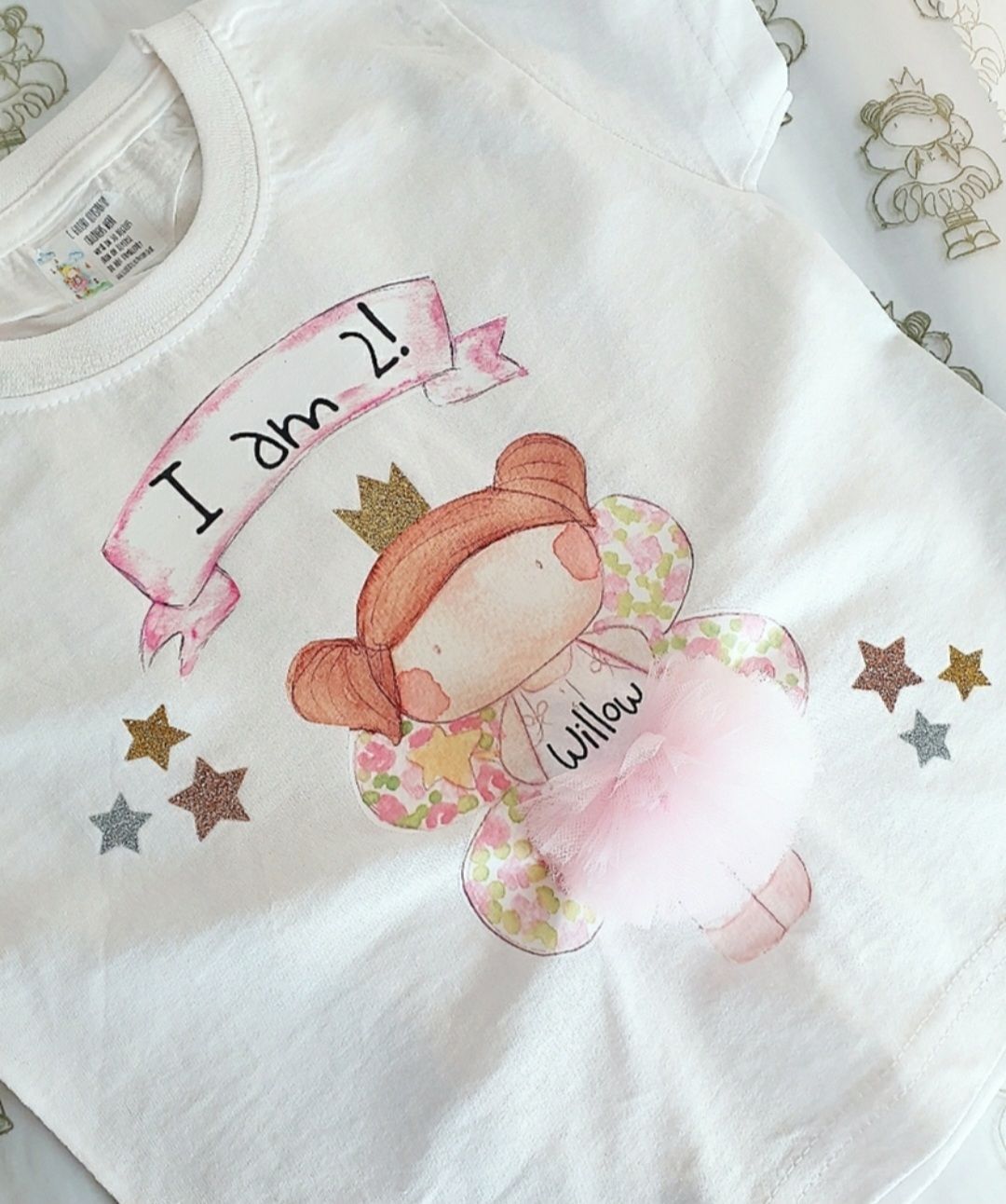 Personalised fairy birthday t-shirt, personalised with name and age, featuring a fairy with tutu and sparkly crown