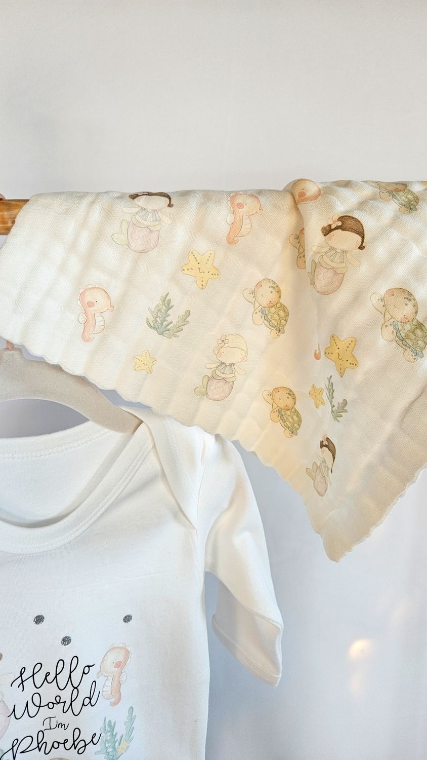Mermaid Themed Personalised Baby Muslin Square – Soft Cotton New Baby Gift