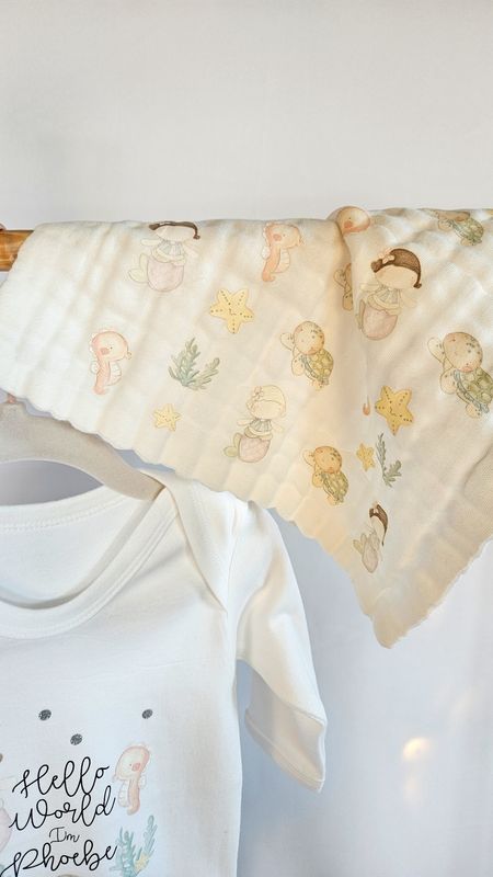 Mermaid Themed Personalised Baby Muslin Square – Soft Cotton New Baby Gift