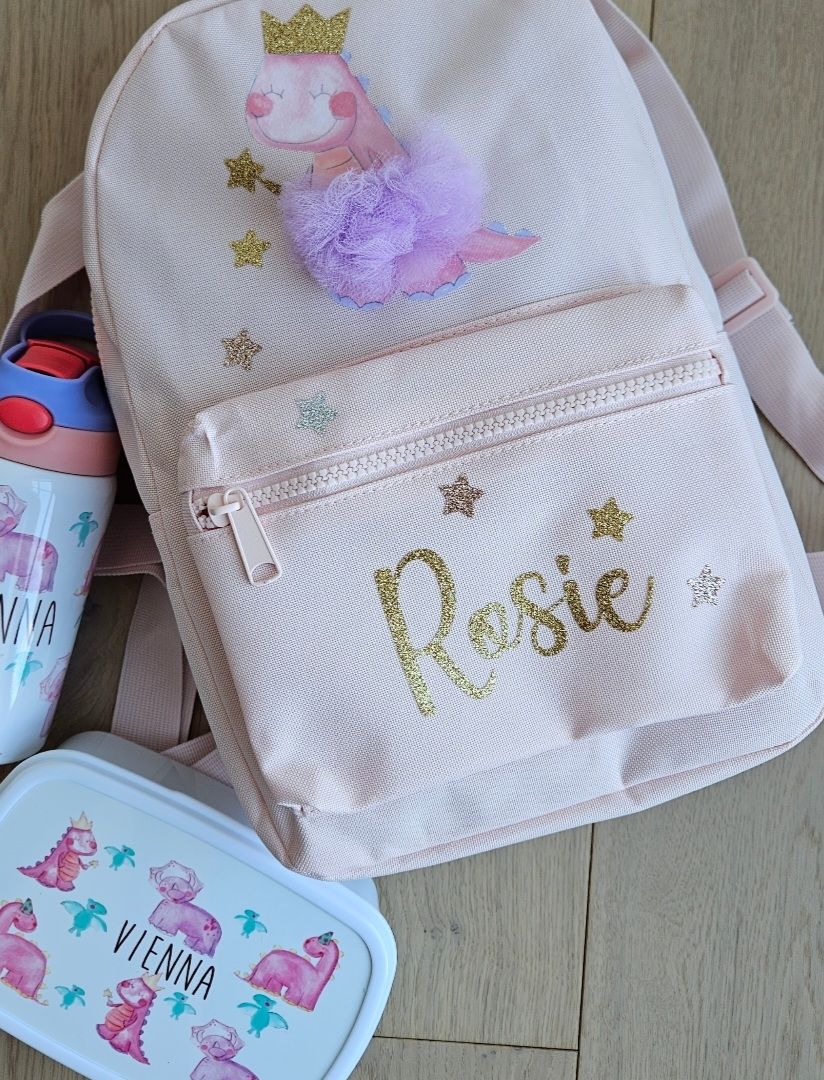 Girls Personalised Dinosaur Back to School Bundle – Custom Backpack, Water Bottle & Snack Box 