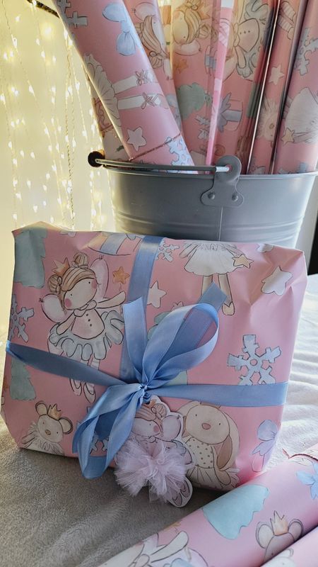 Pink Christmas fairy & friends gift wrap 