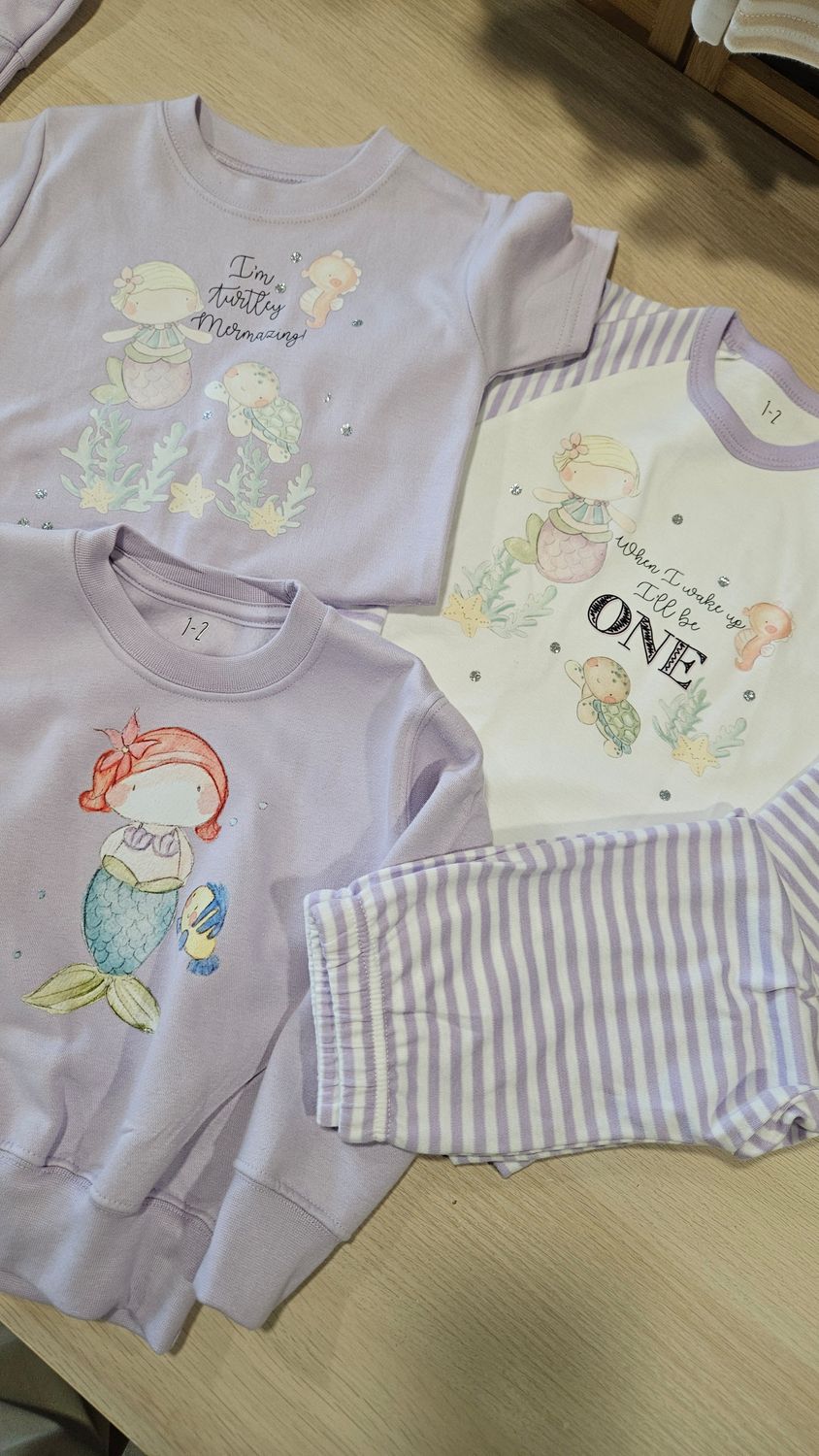 1 to 2 years mermaid bundle, tshirt, jumper and birthday pyjamas