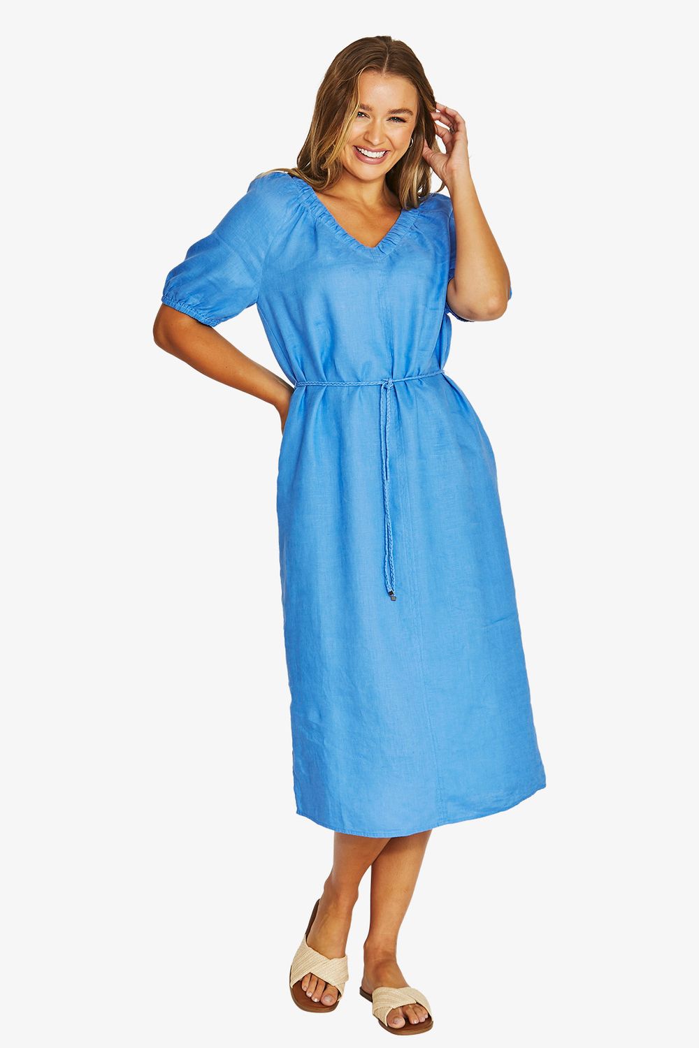 GATHER V-NECK DRESS, Colour: CAPRI, Size: 8