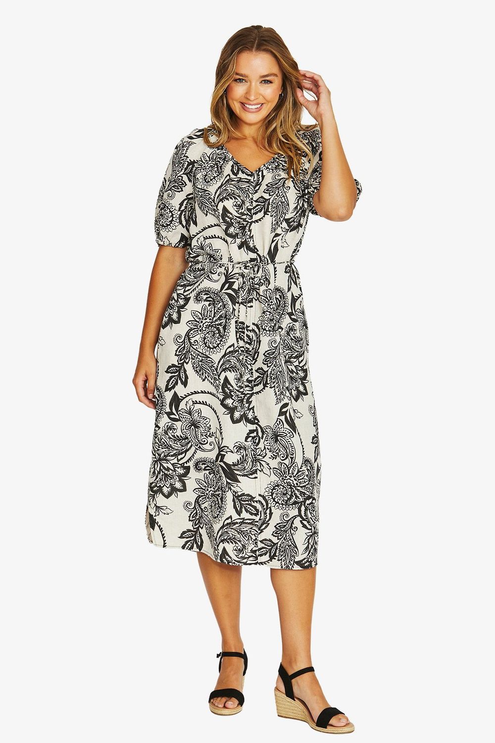BOHEMIA  S/S TIE DRESS, Colour: BLACK FLAX, Size: 8