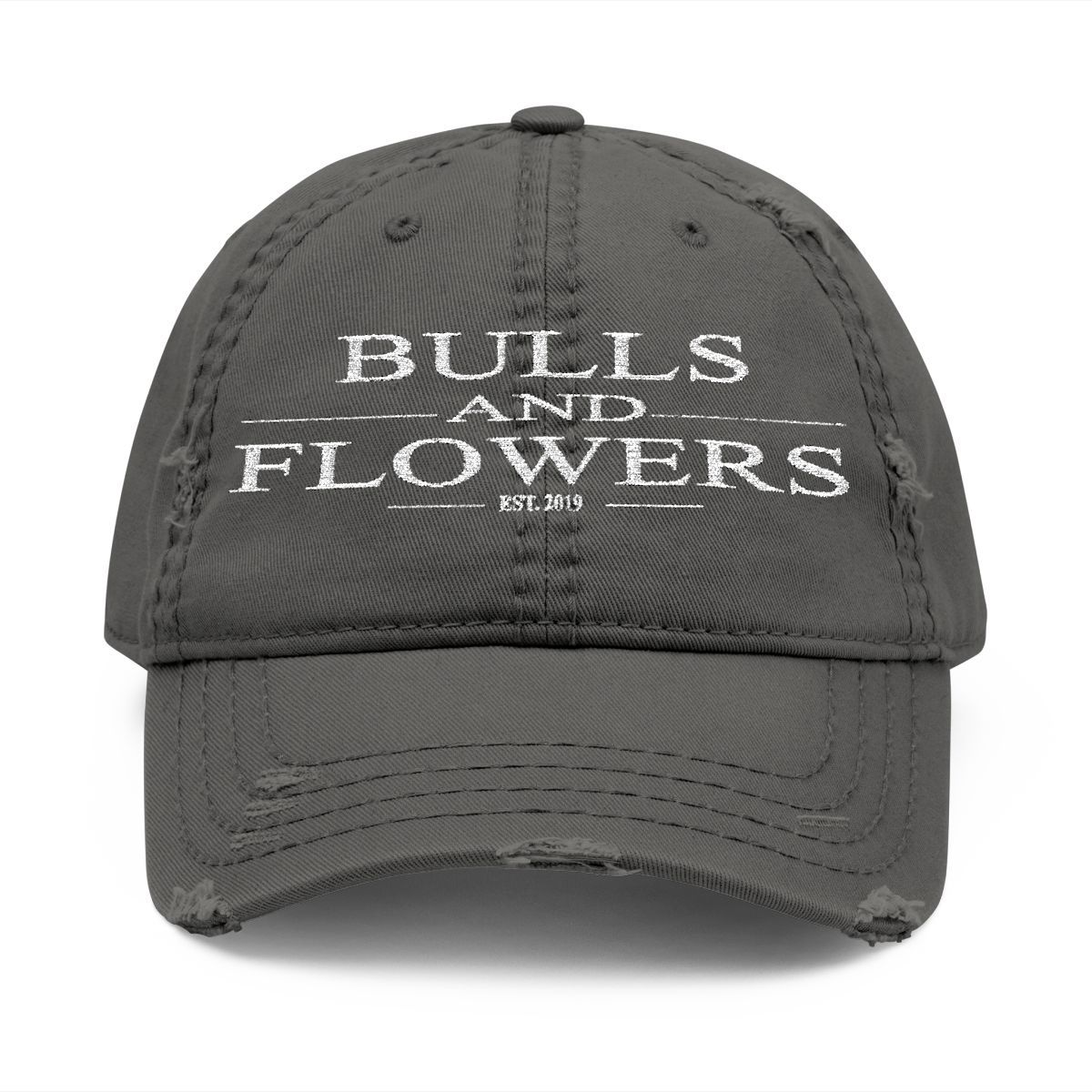 Bulls and Flowers Dad Hat | Distressed Embroidered Cap Bulls and Flowers Dad Hat | Distressed Embroidered Cap, Sizes: One size, Colors: Charcoal Grey