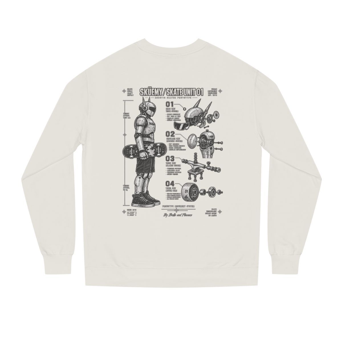 BAF Skuemy Unit 01  Skateboard Robot Diagram Sweatshirt | Vintage Tech Illustration