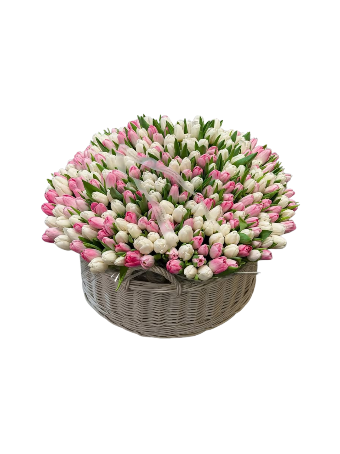 White and Pink Tulip Basket Arrangement – Elegant Spring Luxury