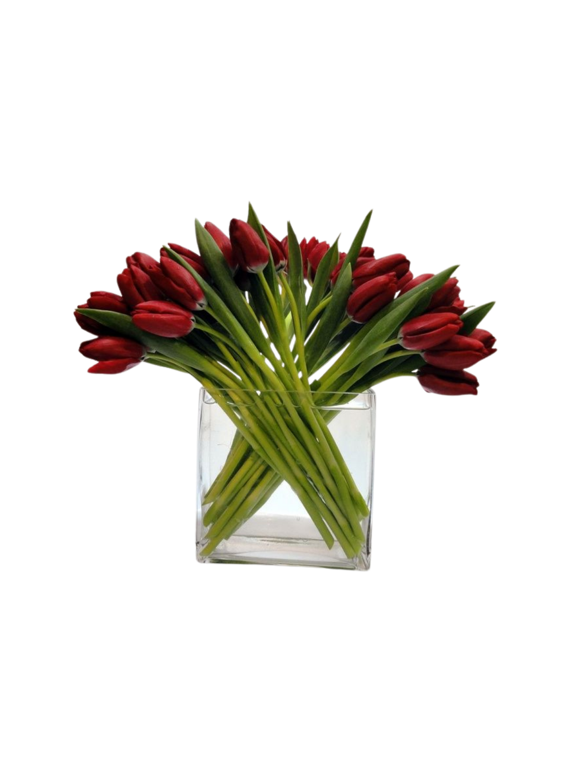 20 Red Tulips in Glass Vase – Elegant Romantic Statement