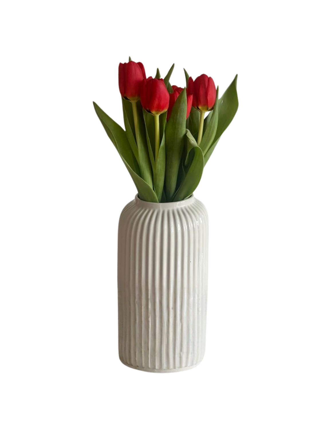White Vase with 10 Red Tulips – Elegant Floral Arrangement White Vase with 10 Red Tulips – Elegant Floral Arrangement