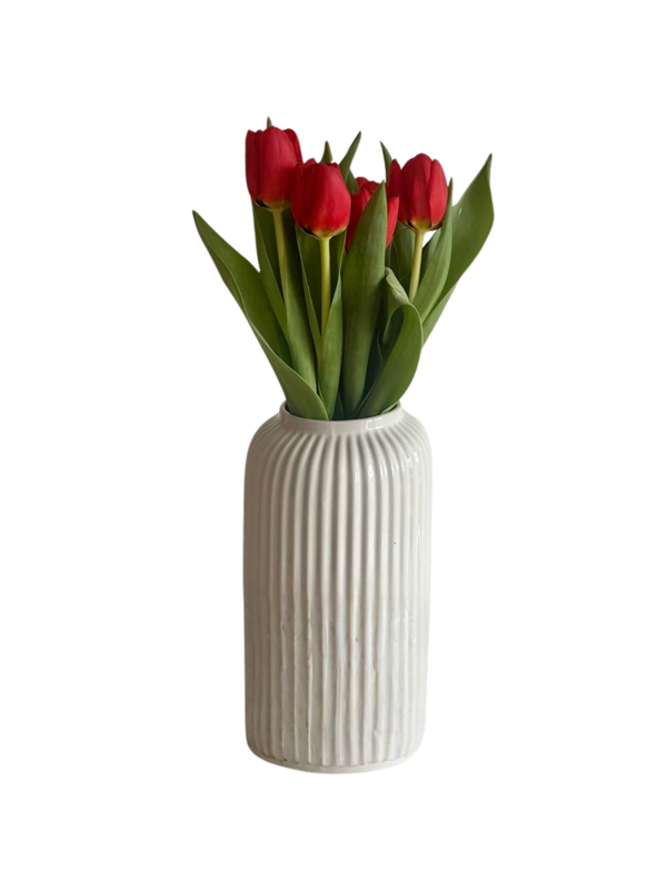 White Vase with 10 Red Tulips – Elegant Floral Arrangement