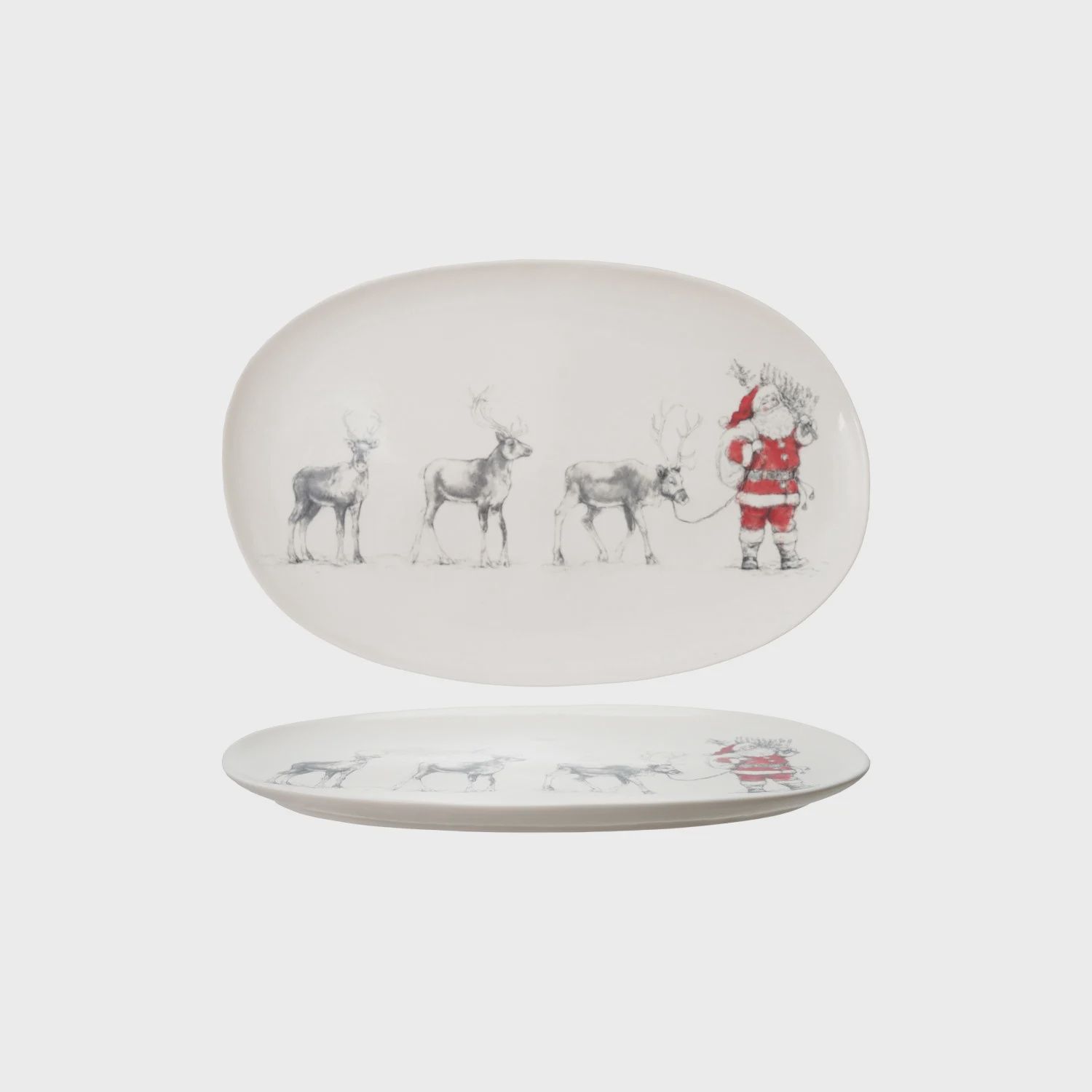 Oval Stoneware Platter Santa Leading Reindeer