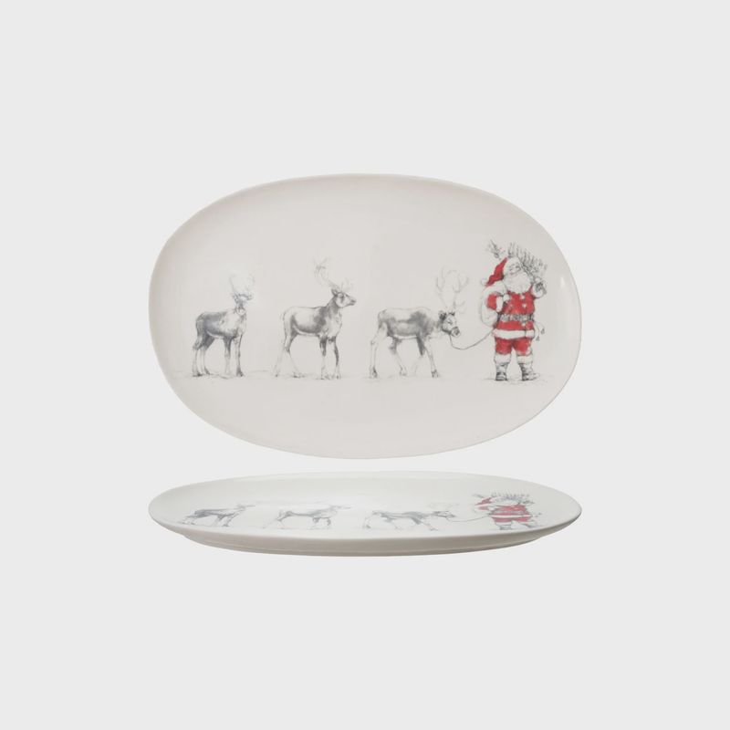 Oval Stoneware Platter Santa Leading Reindeer