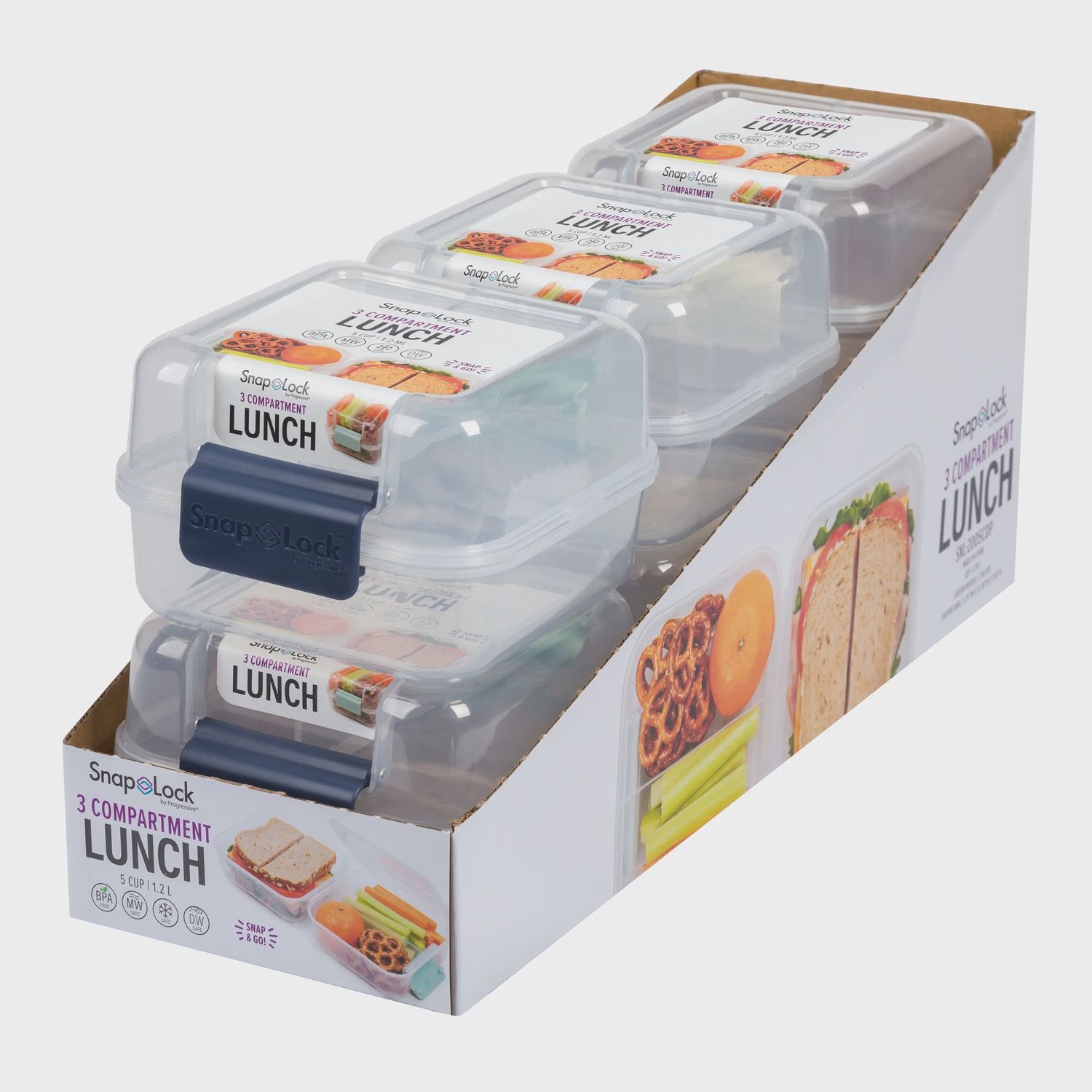 Snap lock 3 compartment lunch assorted colors