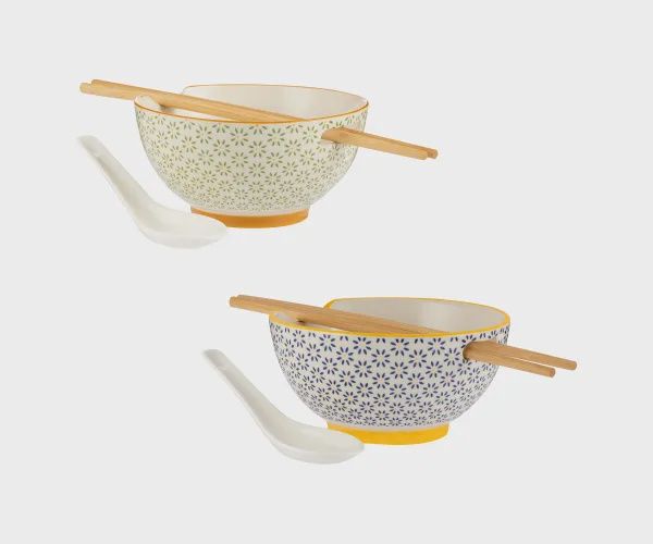 Set of 2 Soup and Rice Bowls w/ Chopsticks and Spoons