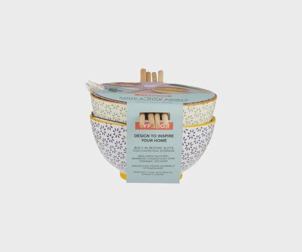 Set of 2 Soup and Rice Bowls w/ Chopsticks and Spoons