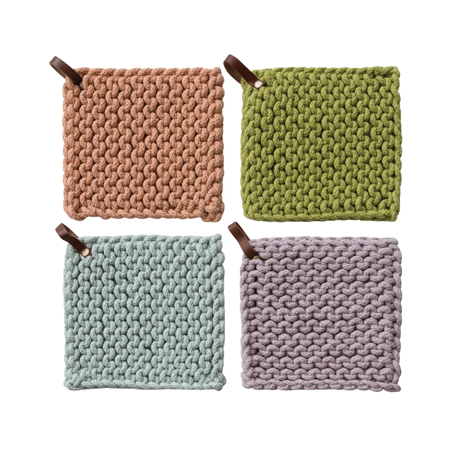 Sq Cotton Crocheted Pot Holder w/ Leather loop , 4 colors