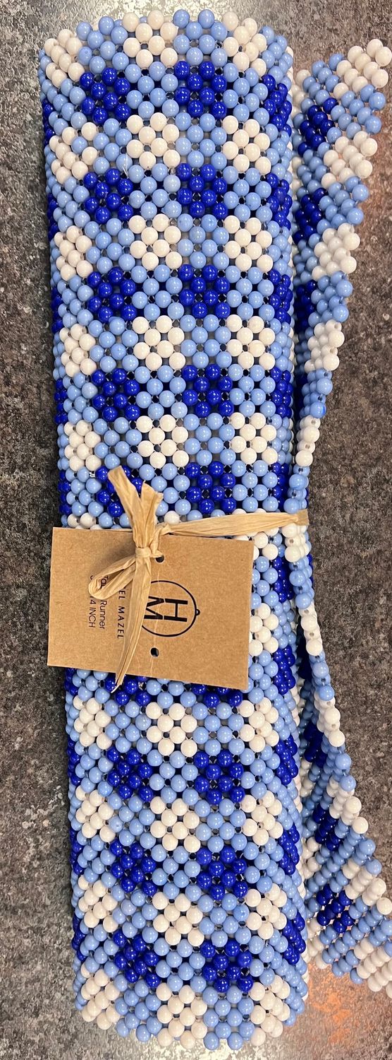 36" x 14" acrylic beaded table runner w gingham pattern (blue &amp; white)