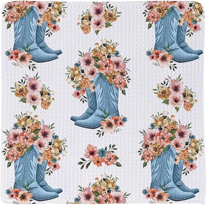 Petal &amp; Plow Cowboy Boots Quick Dry Kitchen Towel Set: 1 towel, 2 dishcloths