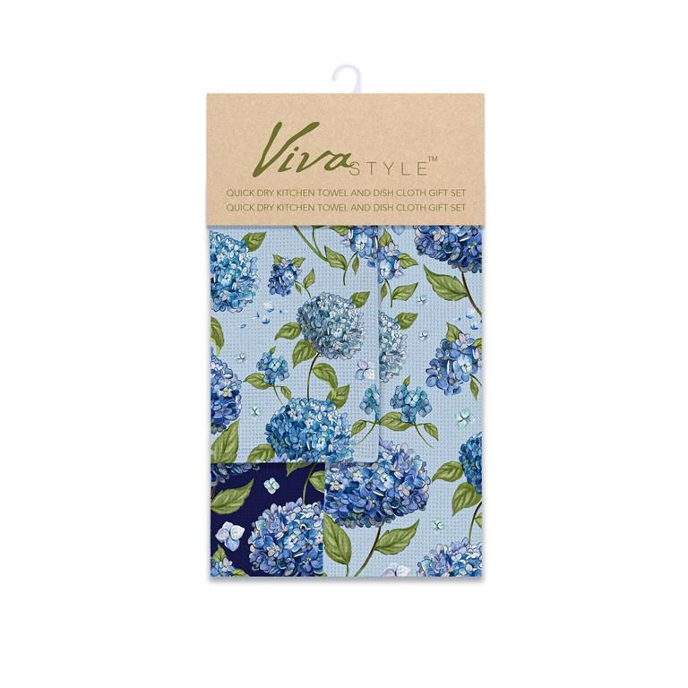 VivaStyle - Hydrangea Haven Kitchen Gift Set: 1 towel, 2 dish cloths