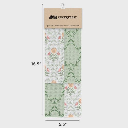 What She Shed - Floral Quatrefoil Quick Dry Kitchen Towel Set: 1 towel and 2 dish cloths