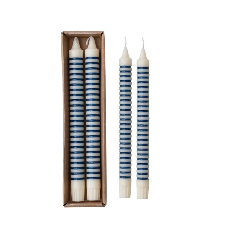Horizontal Stripe Taper Candle, Blue, Set of 2