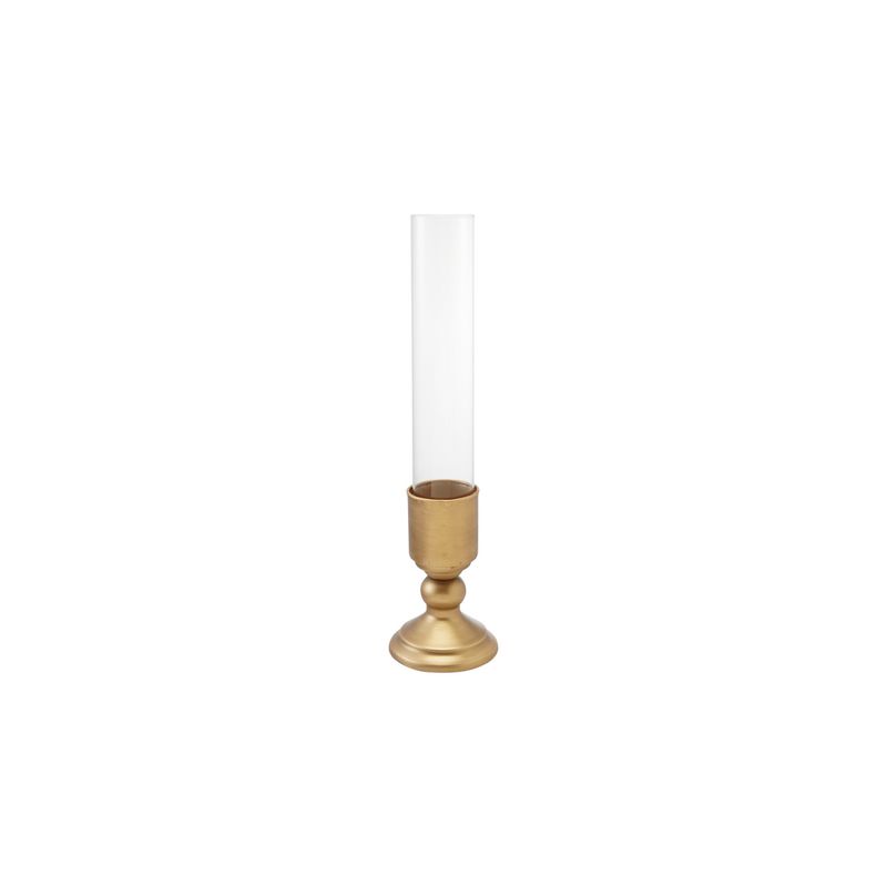 S/2 4" Rd Metal Taper Holder, w/ Glass Hurricane, Gold Finish