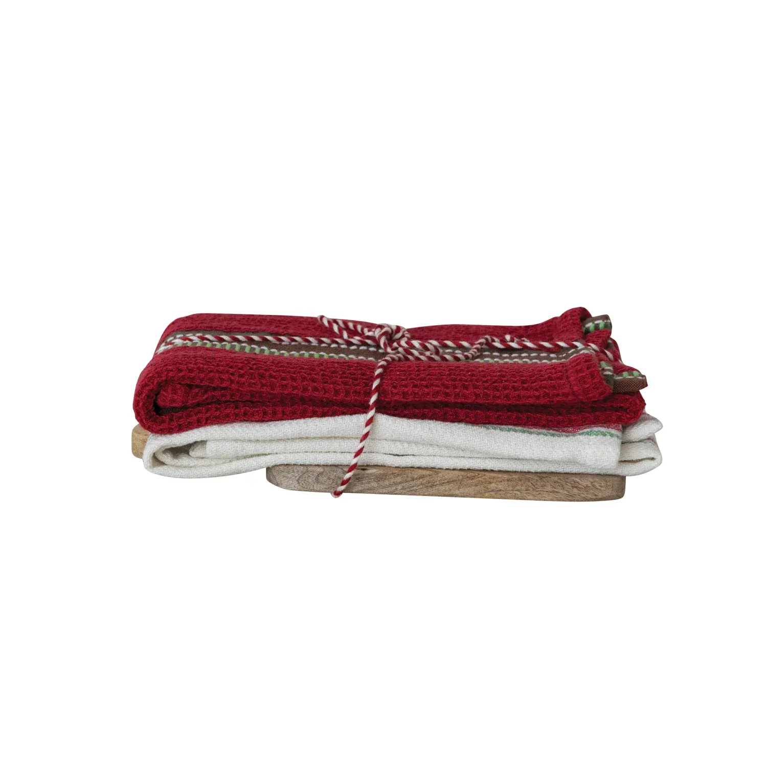 Set/3 Woven Cotton Striped Tea Towels &amp; Mango Wood Serving Board