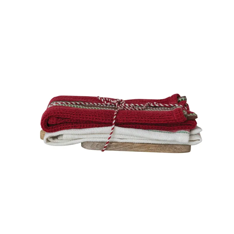 Set/3 Woven Cotton Striped Tea Towels &amp; Mango Wood Serving Board