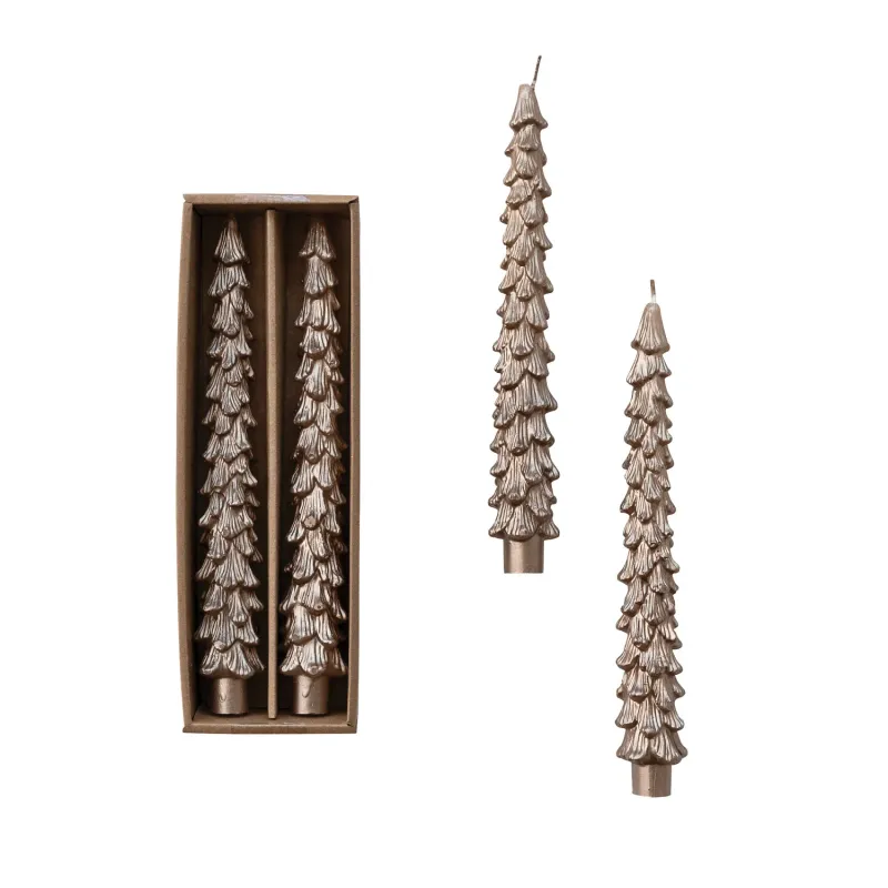 S/2 10" Unscented Tree Shaped Taper Candles, Champagne Gold