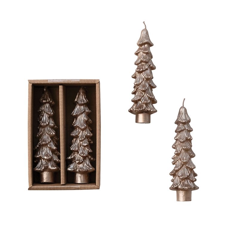 S/2 Unscented Tree Shaped Taper Candles in Box, Champagne Gold
