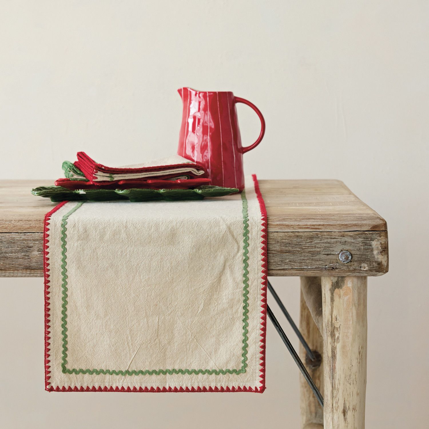 Woven Cotton Table Runner w/ Stitched Edge &amp; Ric Rac Trim