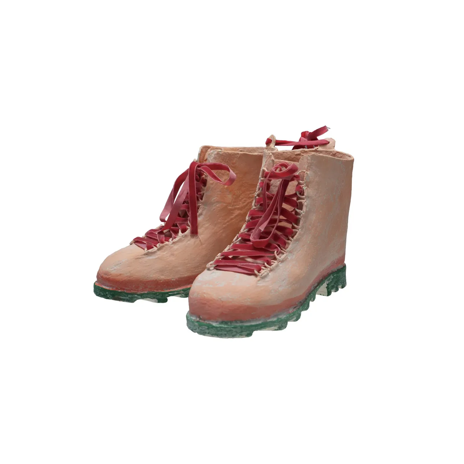 Set of 2 Metal Hiking Boots Decor W Velvet Ribbon Laces, Pink and Re