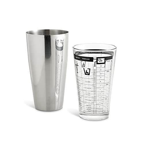 Boston Cocktail Shaker and Mixer Glass Set with 7 Printed Recipes, Borosilicate Glass and 18/8 Stainless Steel