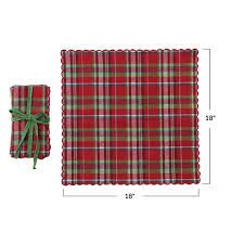 Set/4 Woven Cotton Scalloped Napkins W/ Plaid Pattern &amp; Stitched Edges