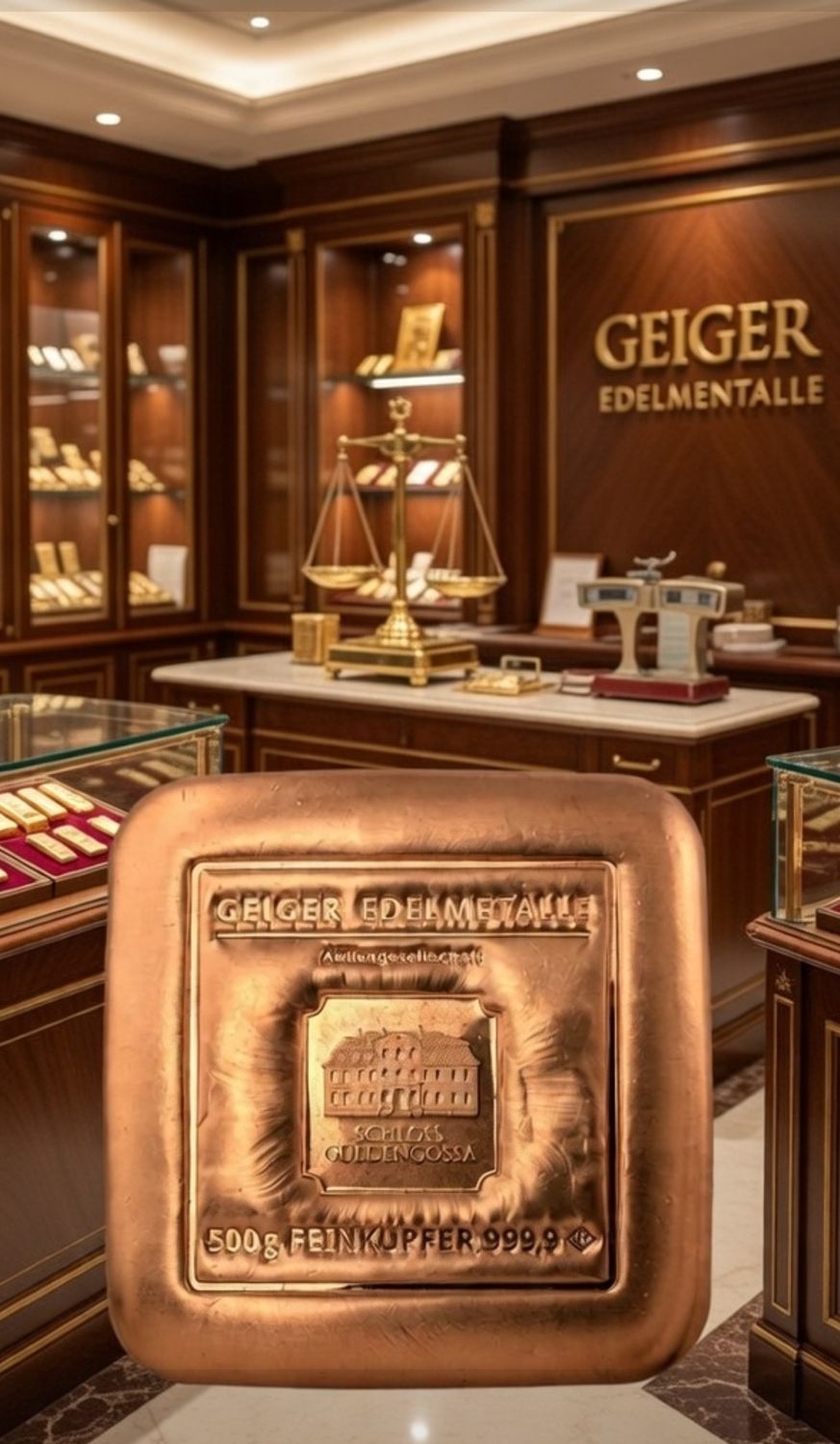 500 g Geiger Original Copper Bar 999.9 Pure - Casted with Schloss Guldengossa Design