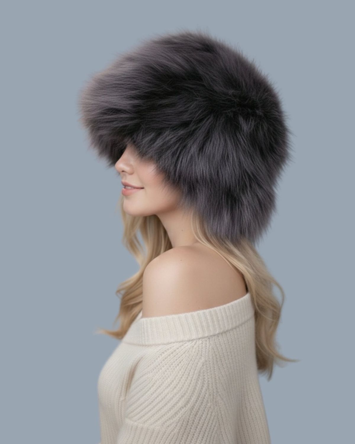 Gorro reversible en piel de Marmota azulada