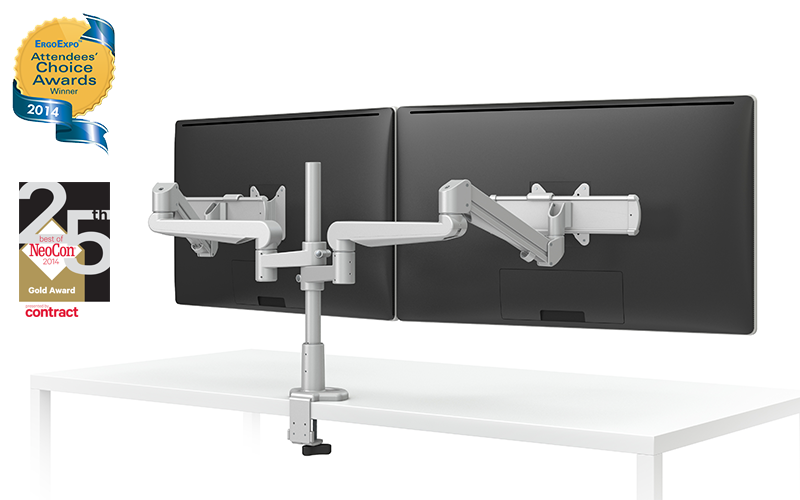 EVOLVE-Series Dual Monitor arm w/ 2 Motion Limbs, 2 Fixed Limbs & 2 Sliders, SILVER Finish