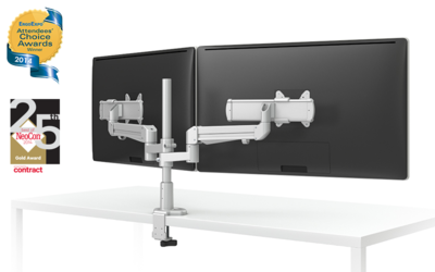 EVOLVE-Series Dual Monitor arm w/ 2 Motion Limbs &amp; 2 Sliders, SILVER Finish
