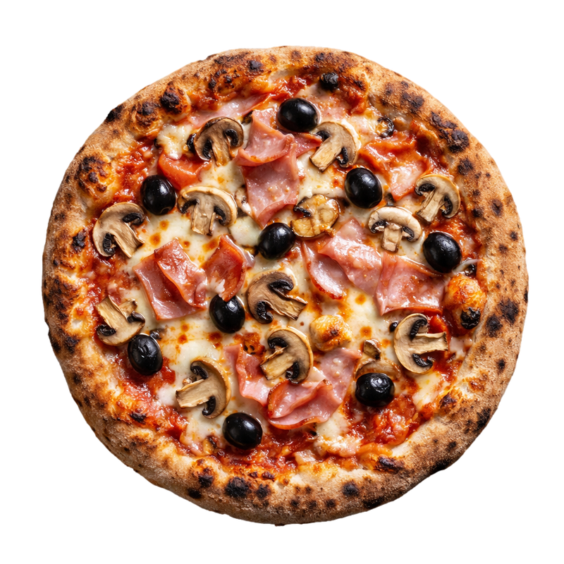 La Reine - Sauce tomate italienne, olives, jambon supérieur vpf, champignons