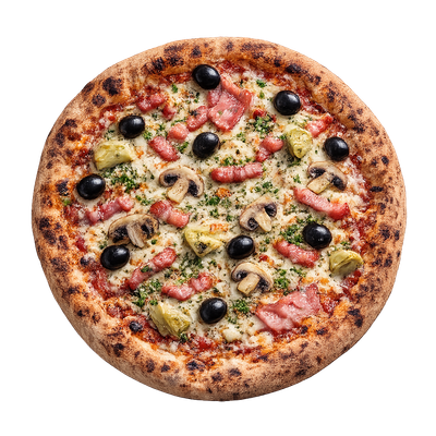 La Campagnarde - Sauce tomate italienne, olives, lardons fumés vpf, persillade, crème fraîche