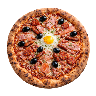 La Market Pizz - Sauce tomate italienne, olives, jambon supérieur vpf, chorizo espagnol, lardons fumés vpf, Merguer bœuf/mouton, sauce samourai, épices à pizzas