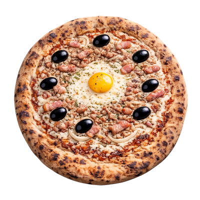 La Fermière - Sauce tomate italienne, olives, jambon supérieur vpf, œuf, crème fraiche