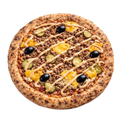 La Burger - Sauce tomate italienne, olives, haché de bœuf, cheddar, cornichons, sauce burger