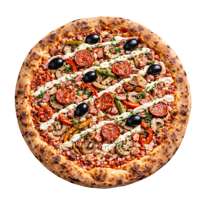 La Délicieuse - Sauce tomate italienne, olives, chorizo espagnol, poivrons, champignons, lardons fumés vpf, crème fraîche, persillade